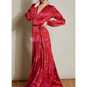 Hutch Pink Red Zebra Long Sleeve Wrap Maxi Dress Sz M Wedding Guest Event Boho